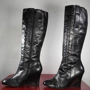 Women's Nine West Black Leather Knee High Heel Wedge Long Tall Fashion Boots 10